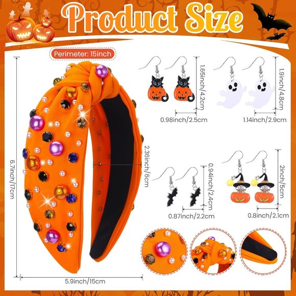 Halloween Headband and Earrings Set Women Rhinestone Pearl Ghost Bat Pumpkin - Picture 2 of 6